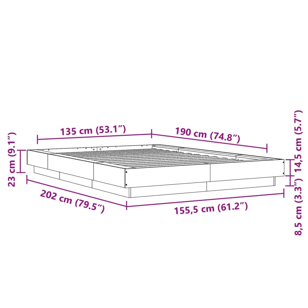 vidaXL Bettgestell mit LED Betongrau 135x190 cm Holzwerkstoff