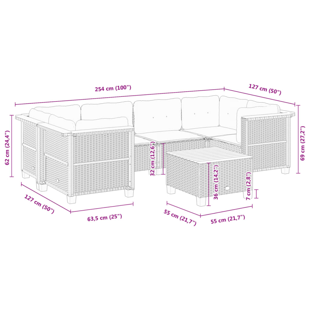 vidaXL 7-tlg. Garten-Sofagarnitur mit Kissen Grau Poly Rattan