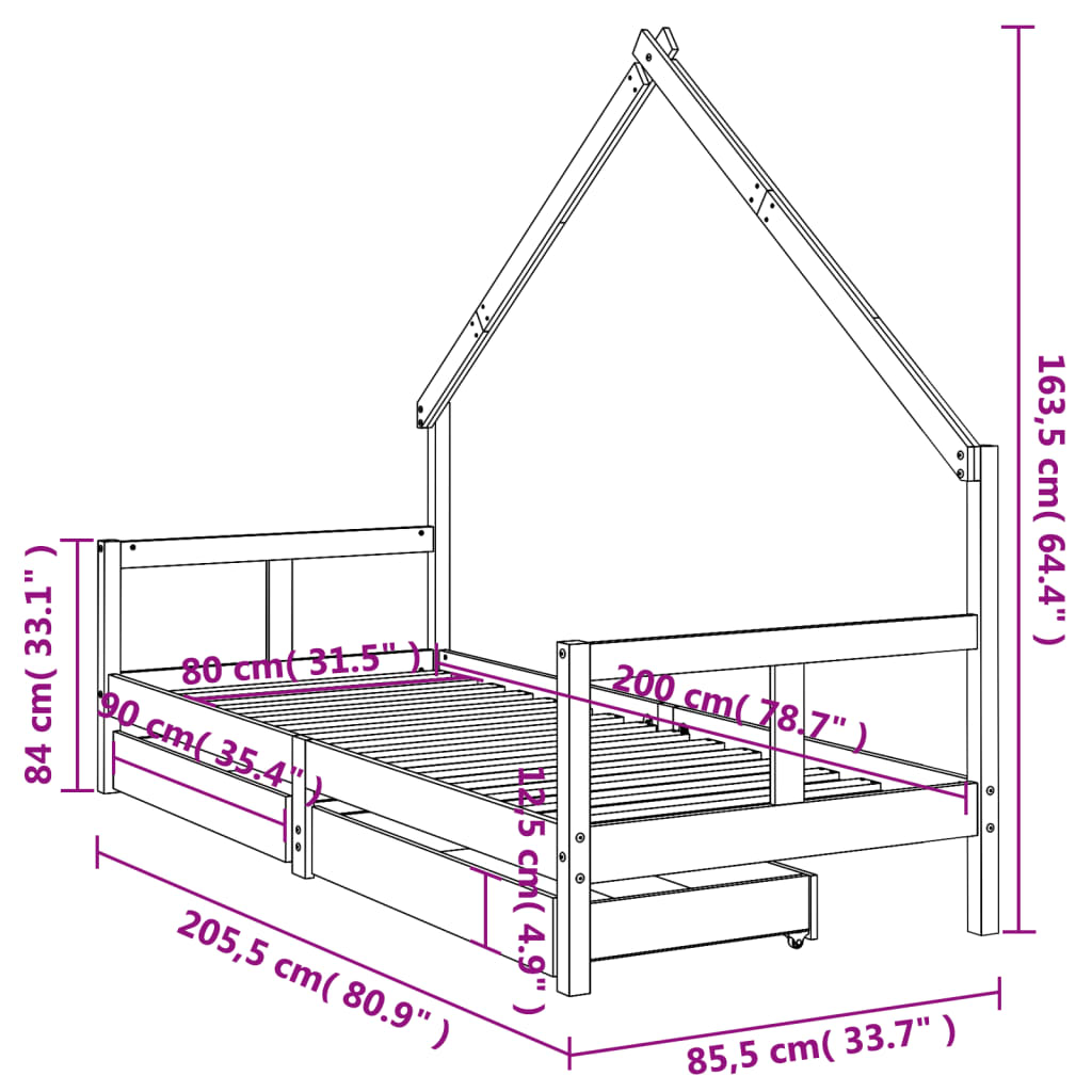 vidaXL Kinderbett mit Schubladen Schwarz 80x200 cm Massivholz Kiefer