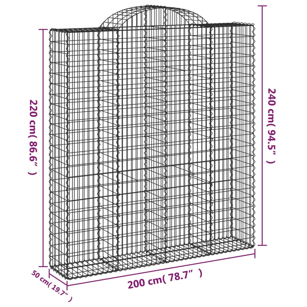 vidaXL Gabionen mit Hochbogen 9 Stk. 200x50x220/240cm Verzinktes Eisen