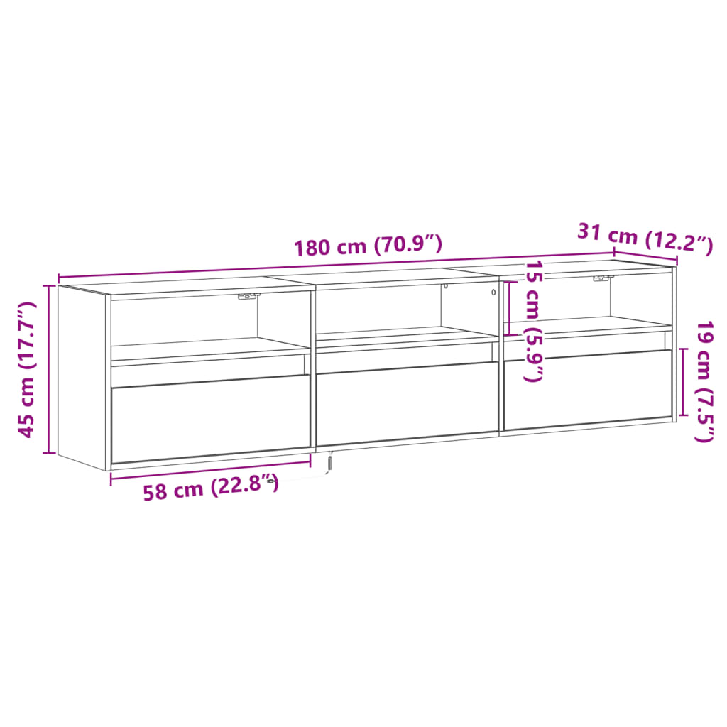 vidaXL TV-Wandschrank mit LED Grau Sonoma 180x31x45 cm