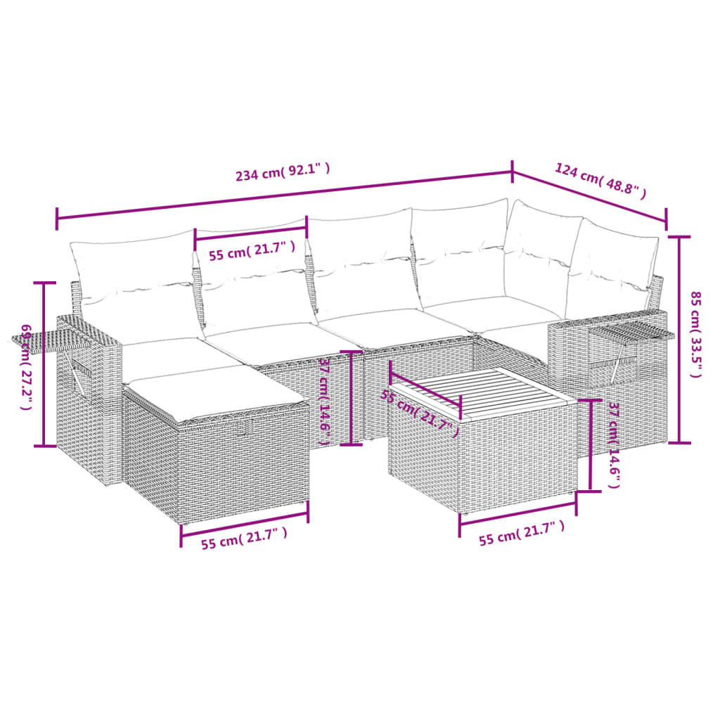 vidaXL 7-tlg. Garten-Sofagarnitur mit Kissen Grau Poly Rattan