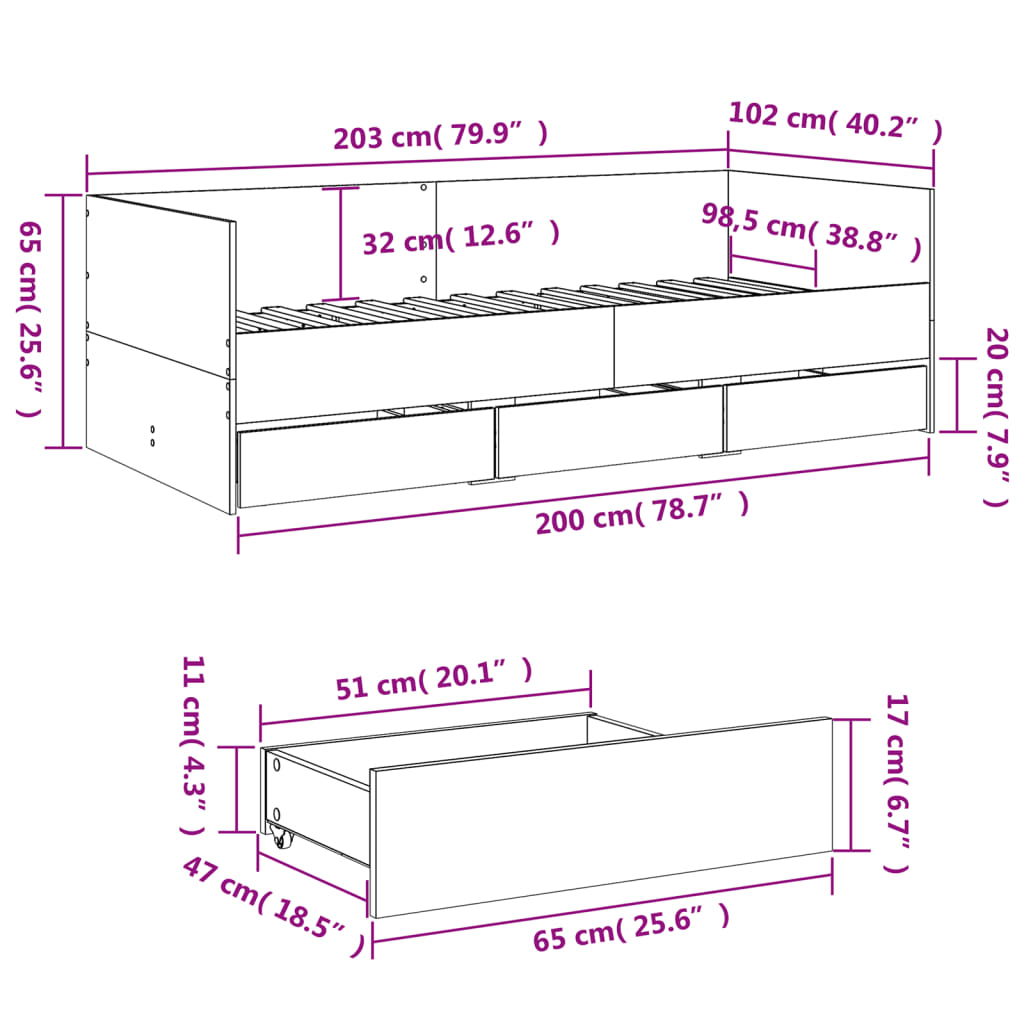 vidaXL Tagesbett mit Schubladen ohne Matratze Grau Sonoma 100x200 cm