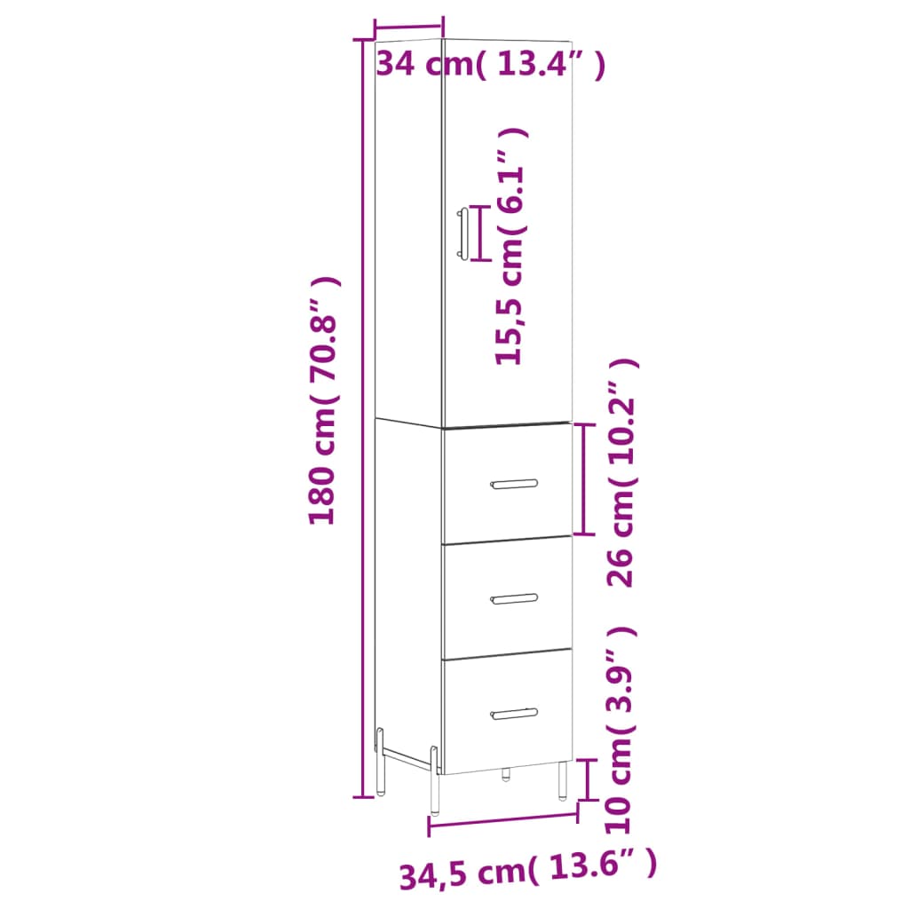 vidaXL Highboard Sonoma-Eiche 34,5x34x180 cm Holzwerkstoff