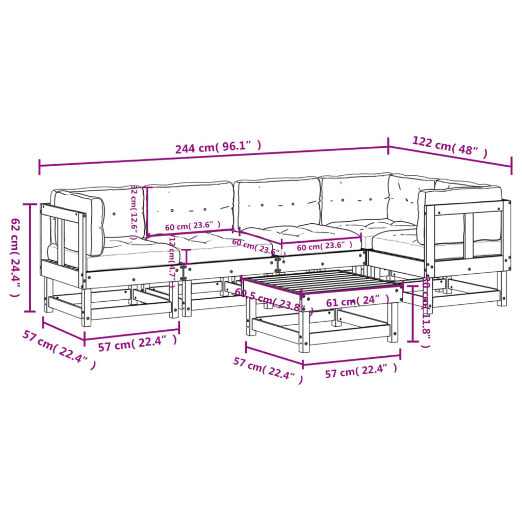 vidaXL 6-tlg. Garten-Lounge-Set mit Kissen Weiß Massivholz