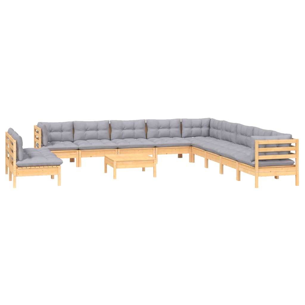 vidaXL 12-tlg. Garten-Lounge-Set mit Grauen Kissen Massivholz Kiefer