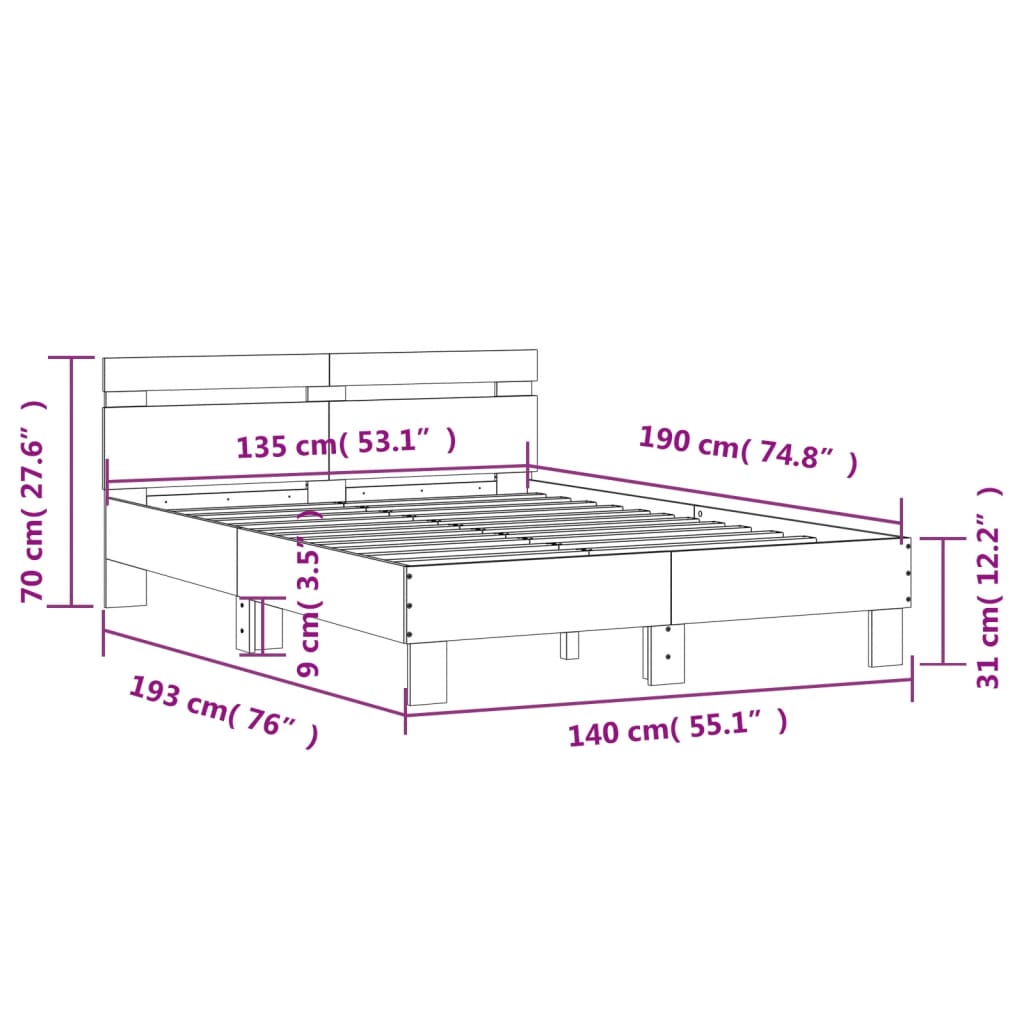 vidaXL Bettgestell mit Kopfteil LED-Beleuchtung Schwarz 135x190 cm