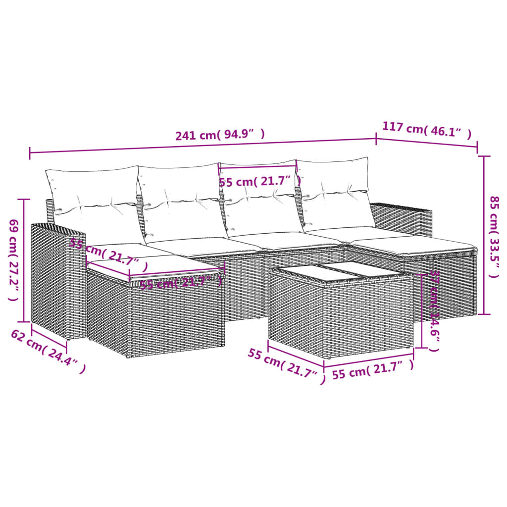 vidaXL 7-tlg. Garten-Sofagarnitur mit Kissen Hellgrau Poly Rattan