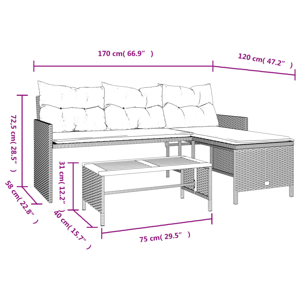 vidaXL Gartensofa in L-Form mit Tisch und Kissen Beige Poly Rattan