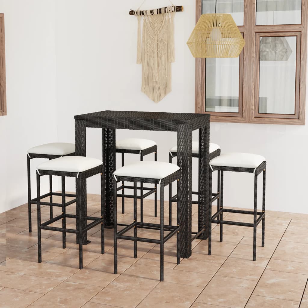 vidaXL 7-tlg. Gartenbar-Set mit Kissen Poly Rattan Schwarz