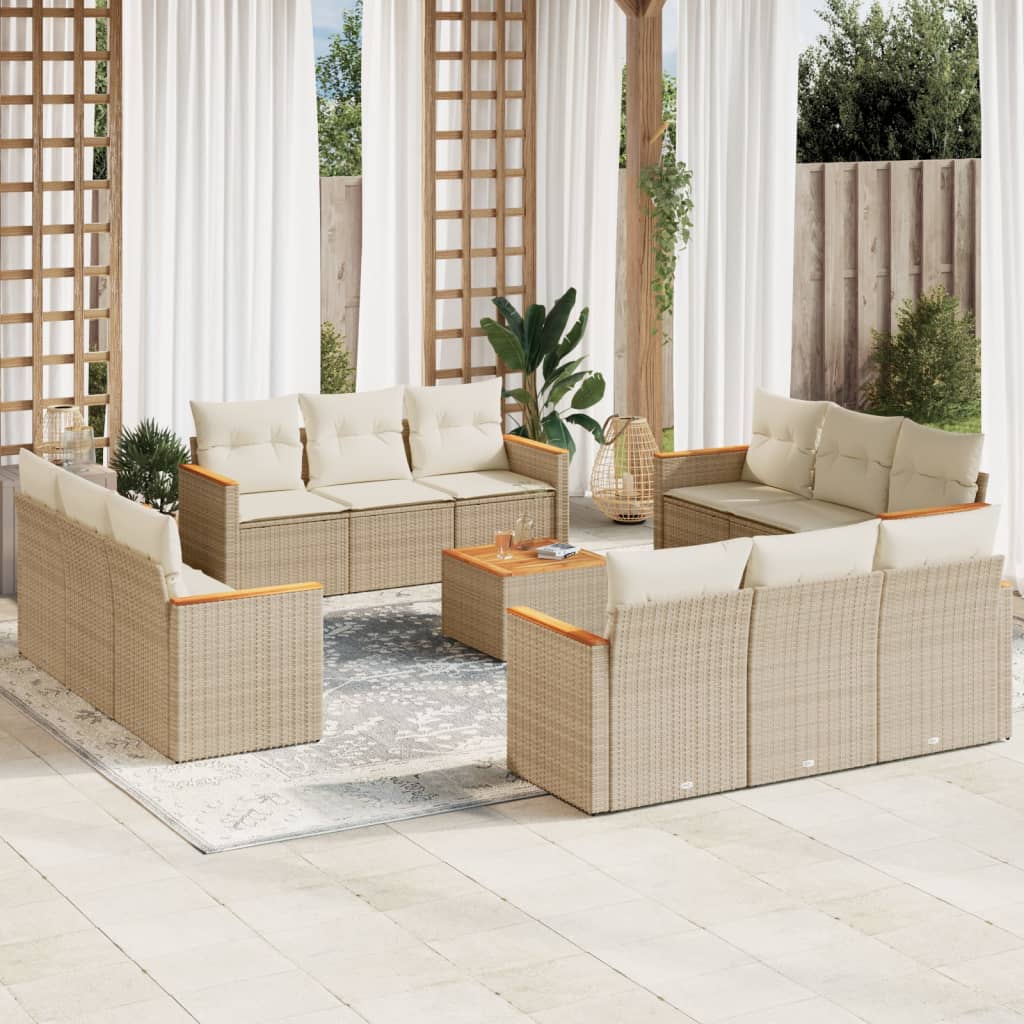 vidaXL 13-tlg. Garten-Sofagarnitur mit Kissen Beige Poly Rattan