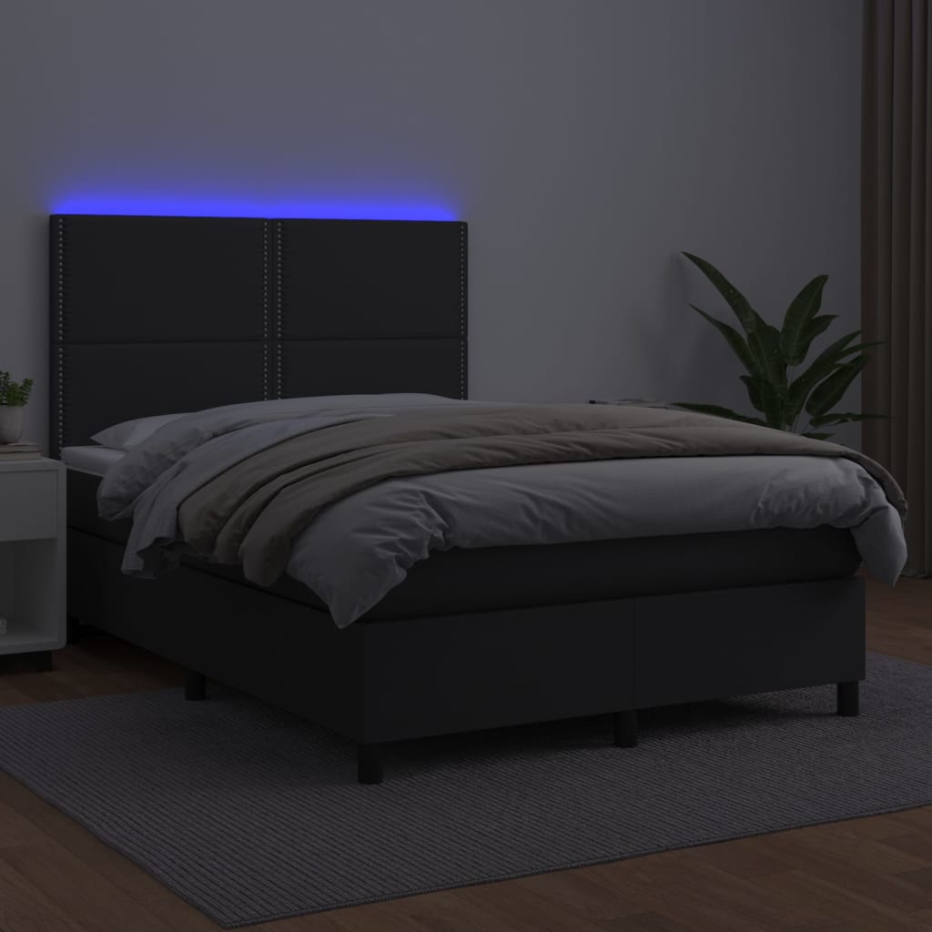 vidaXL Boxspringbett mit Matratze & LED Schwarz 140x200 cm Kunstleder