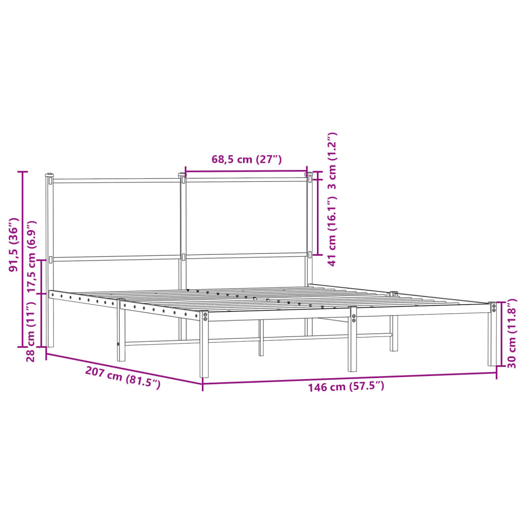 vidaXL Metallbett ohne Matratze Braun Eichen-Optik 140x200 cm