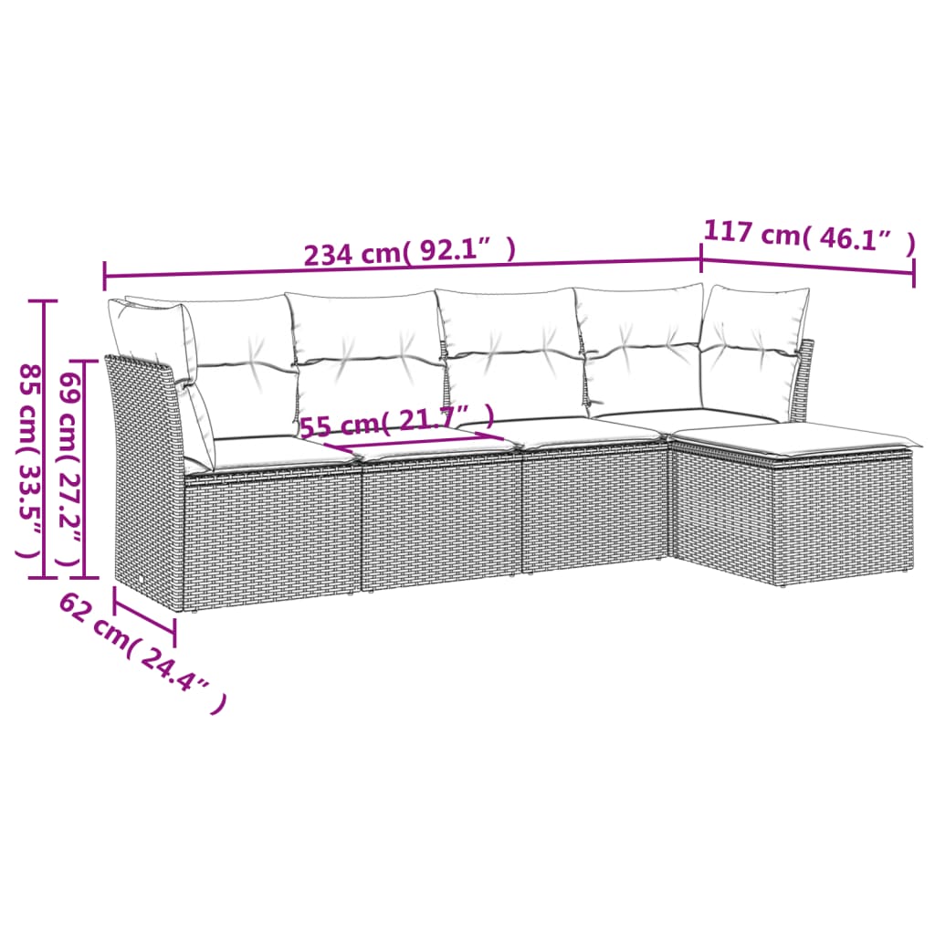 vidaXL 5-tlg. Garten-Sofagarnitur mit Kissen Beige Poly Rattan