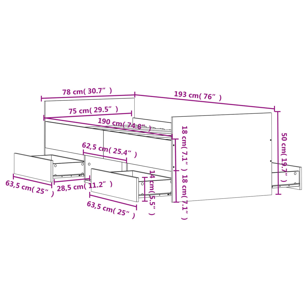 vidaXL Bettgestell mit Kopf- und Fußteil Räuchereiche 75x190 cm