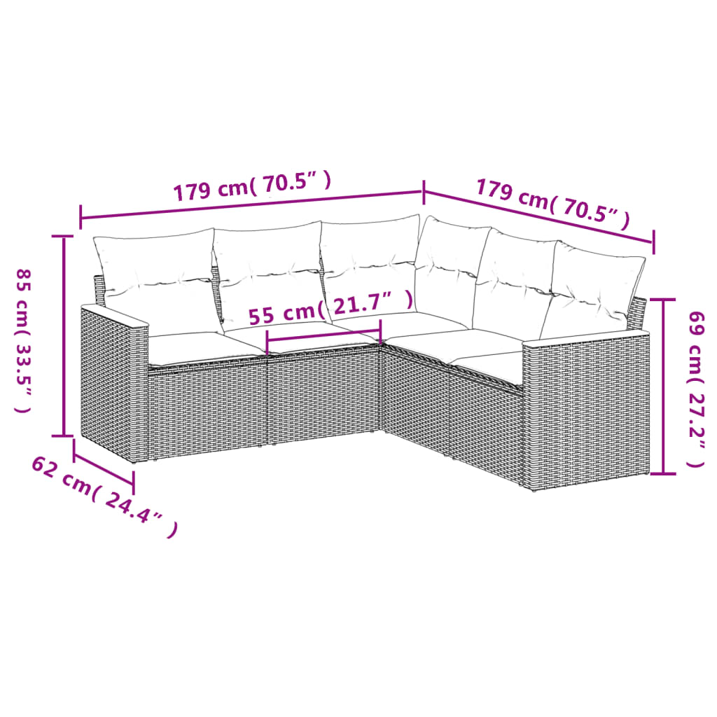 vidaXL 5-tlg. Garten-Sofagarnitur mit Kissen Beige Poly Rattan