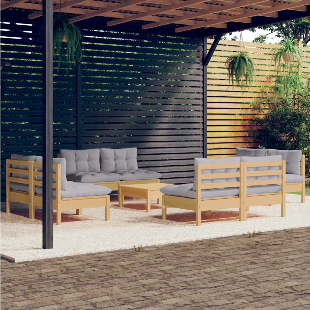 vidaXL 9-tlg. Garten-Lounge-Set mit Grauen Kissen Kiefernholz