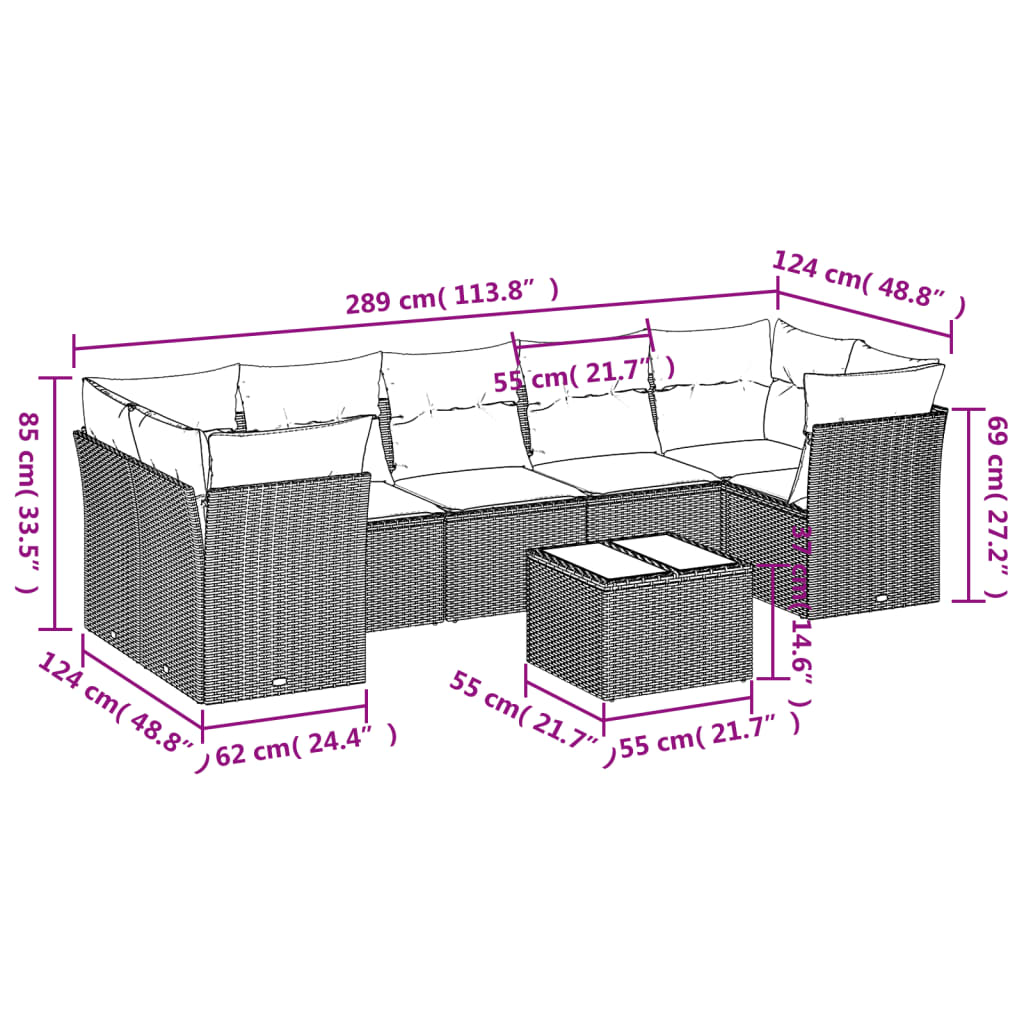 vidaXL 8-tlg. Garten-Sofagarnitur mit Kissen Hellgrau Poly Rattan