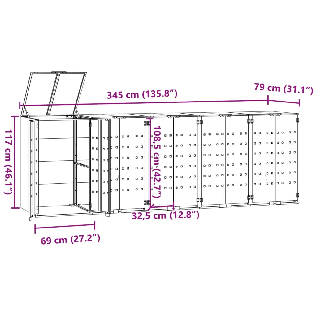 vidaXL Mülltonnenbox für 5 Tonnen Grau 345x79x117 cm Stahl