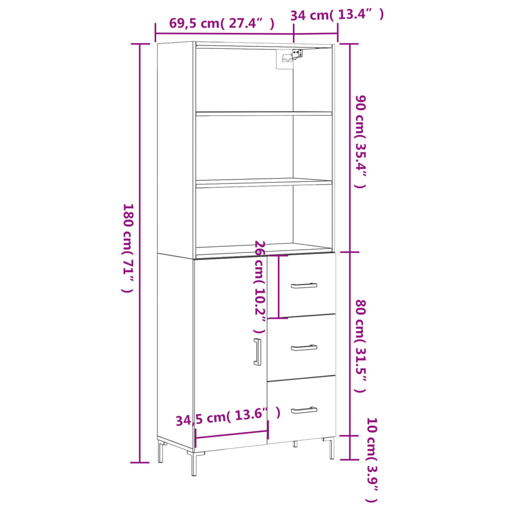 vidaXL Highboard Betongrau 69,5x34x180 cm Holzwerkstoff