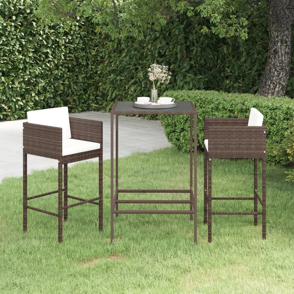 vidaXL 3-tlg. Gartenbar-Set mit Kissen Poly Rattan Braun