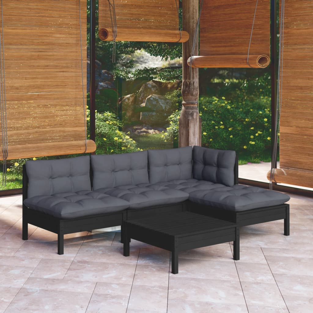 vidaXL 5-tlg. Garten-Lounge-Set mit Kissen Schwarz Kiefernholz