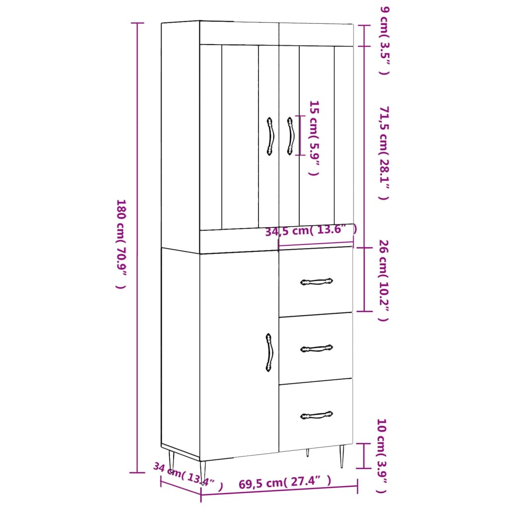 vidaXL Highboard Grau Sonoma 69,5x34x180 cm Holzwerkstoff