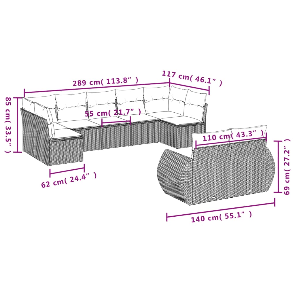 vidaXL 9-tlg. Garten-Sofagarnitur mit Kissen Hellgrau Poly Rattan