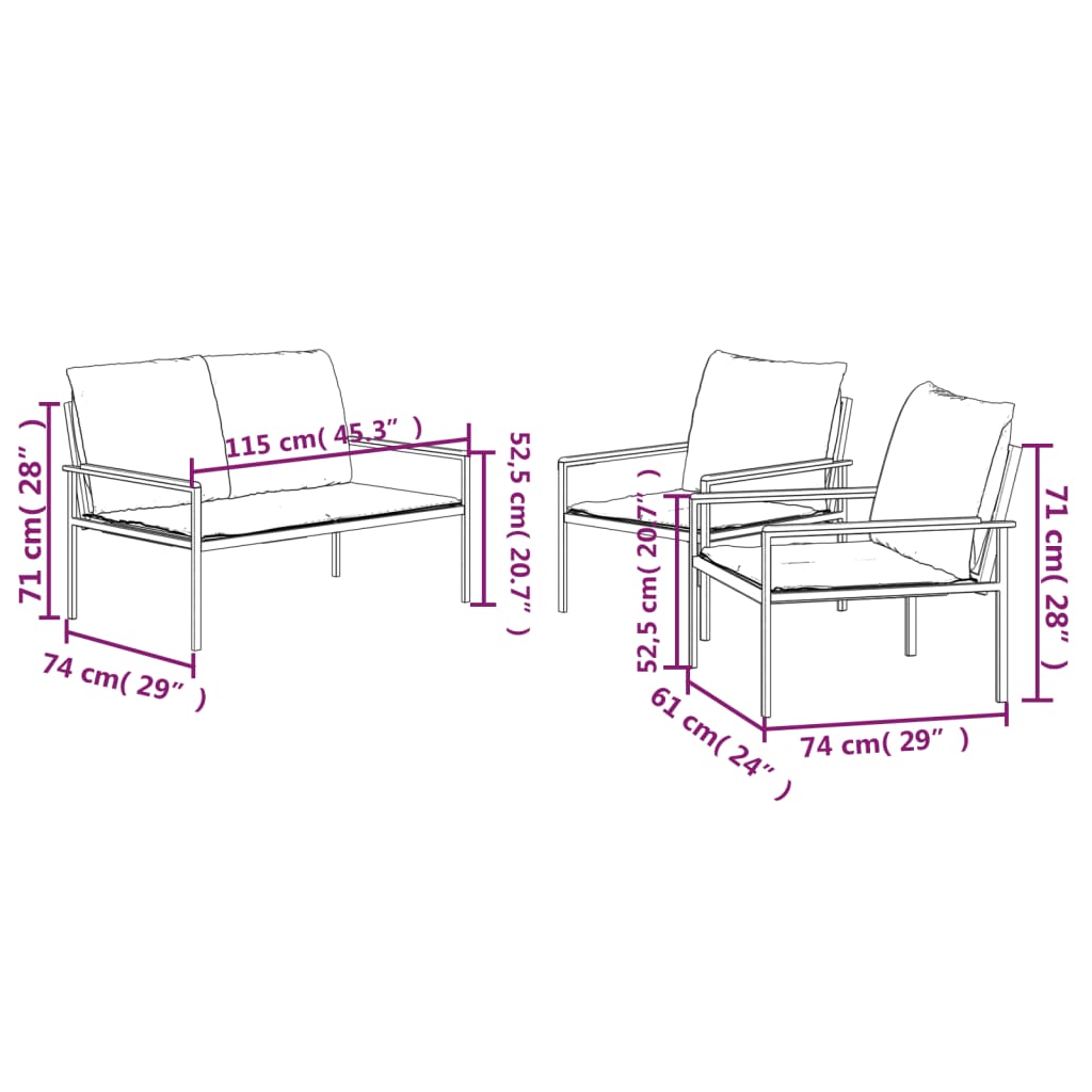 vidaXL 3-tlg. Garten-Lounge-Set mit Kissen Anthrazit Stahl