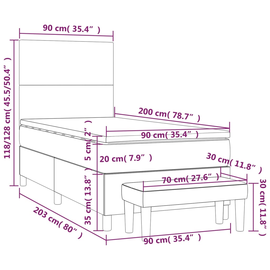 vidaXL Boxspringbett mit Matratze Weiß 90x200 cm Kunstleder