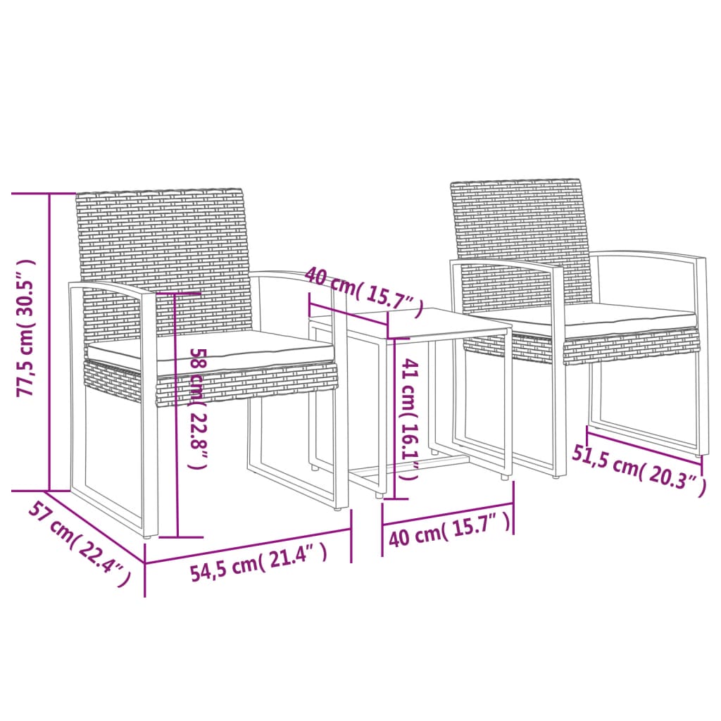 vidaXL 3-tlg. Garten-Essgruppe mit Kissen Schwarz PP-Rattan