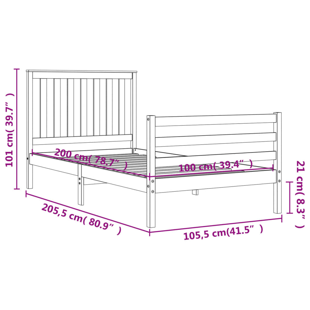 vidaXL Massivholzbett mit Kopfteil 100x200 cm