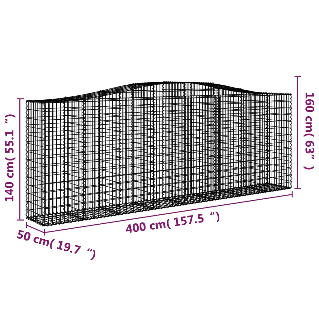 vidaXL Gabionen mit Hochbogen 15 Stk 400x50x140/160cm Verzinktes Eisen