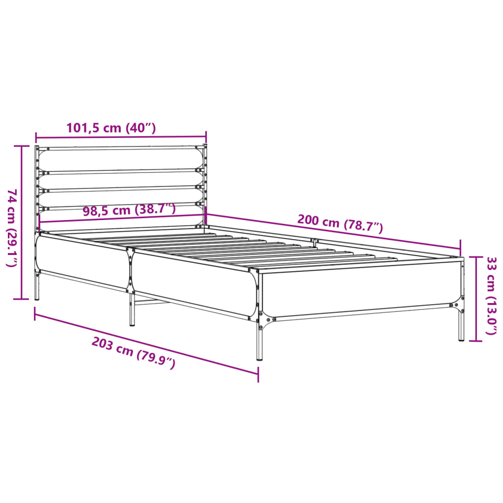 vidaXL Bettgestell Räuchereiche 100x200 cm Holzwerkstoff und Metall