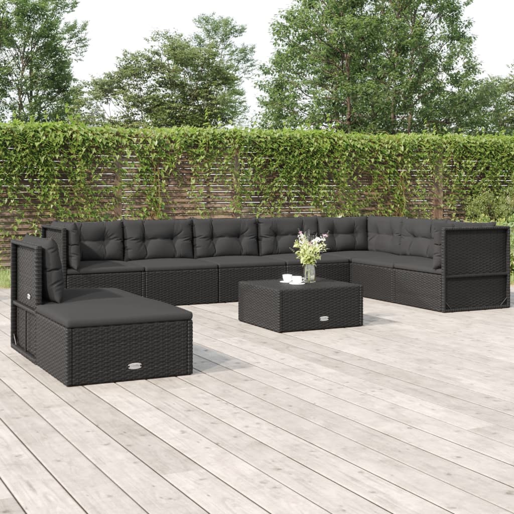 vidaXL 9-tlg. Garten-Lounge-Set mit Kissen Schwarz Poly Rattan