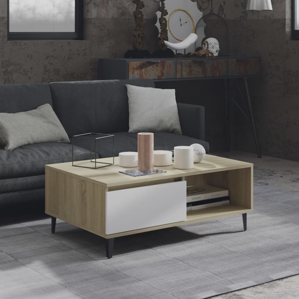 vidaXL Couchtisch Weiß und Sonoma-Eiche 90x60x35 cm Holzwerkstoff