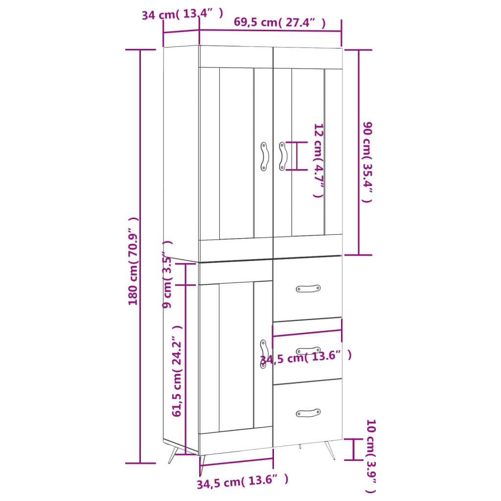 vidaXL Highboard Weiß 69,5x34x180 cm Holzwerkstoff