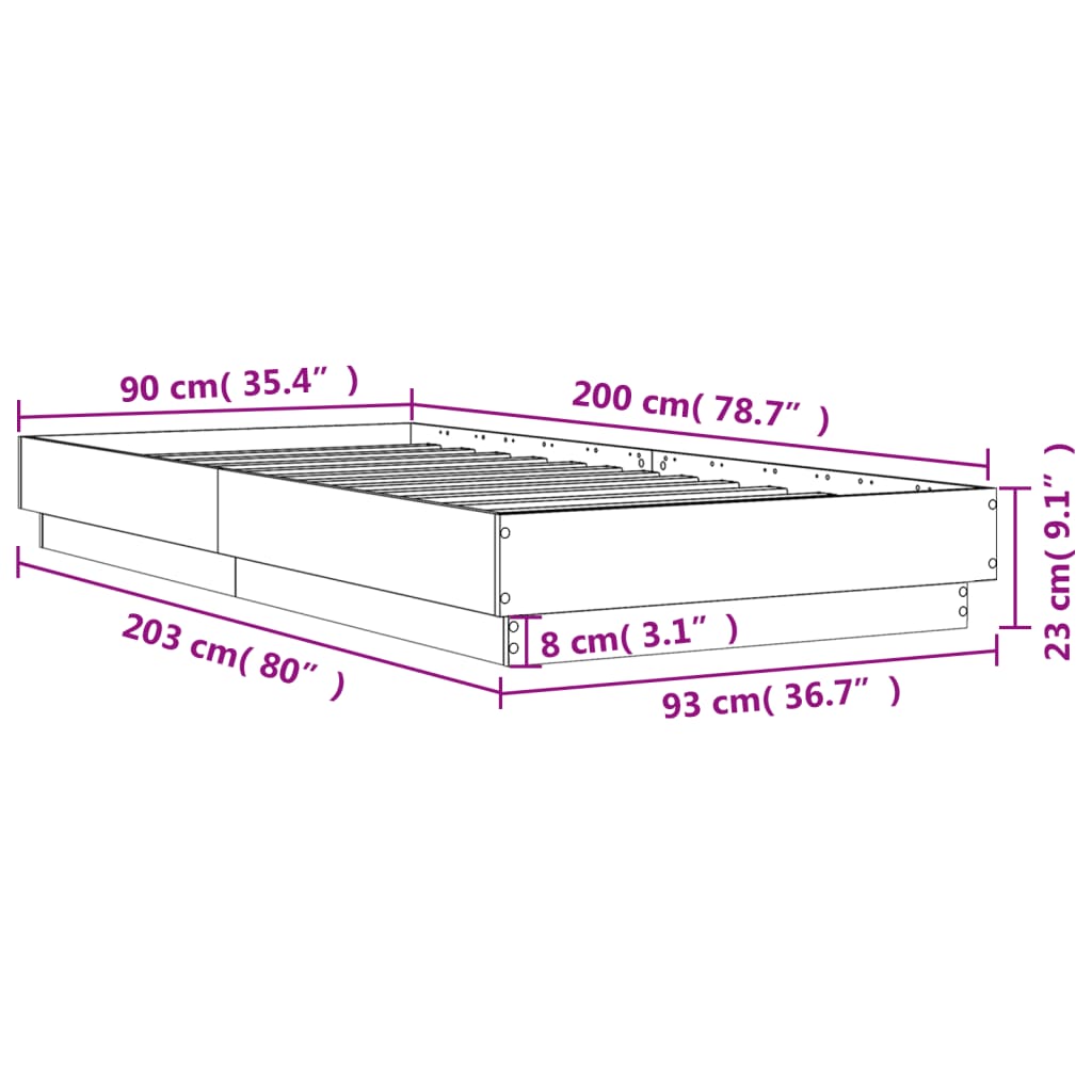 vidaXL Bettgestell mit LED Betongrau 90x200 cm