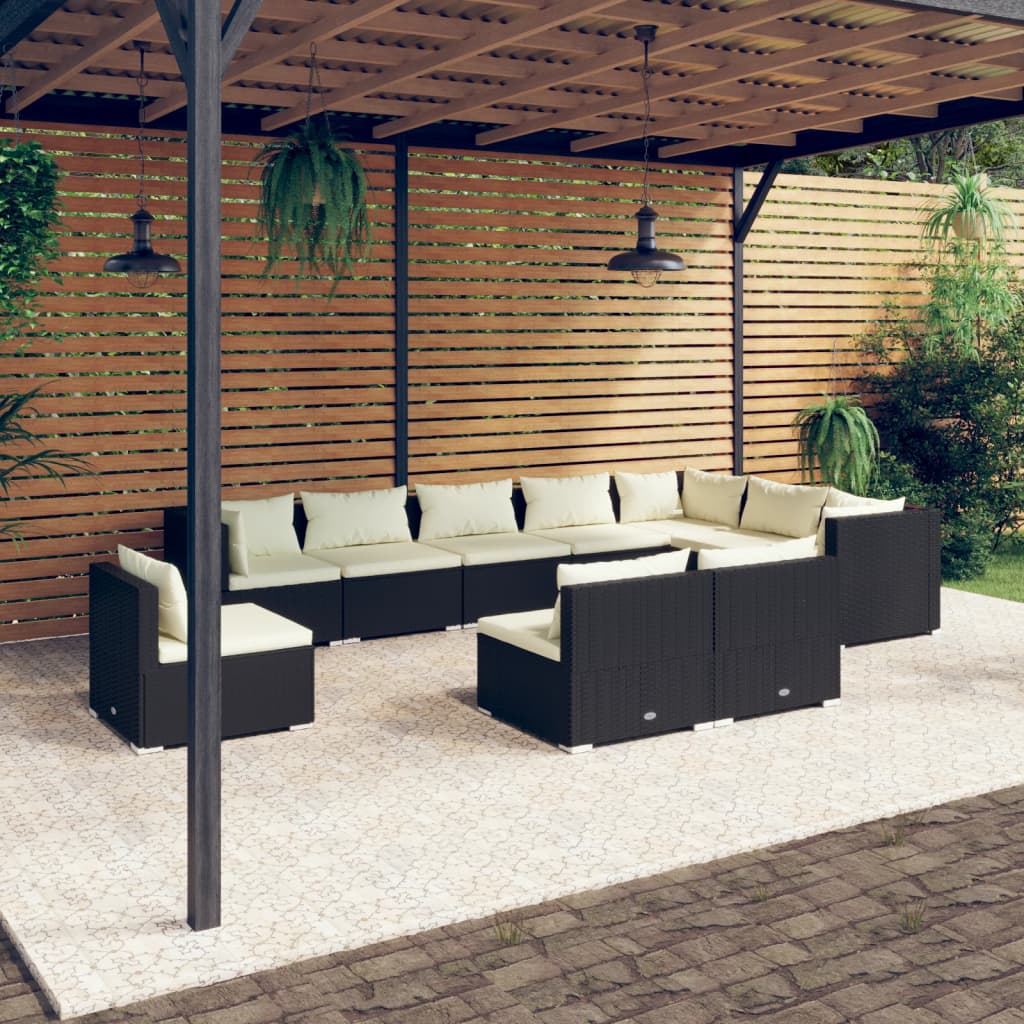 vidaXL 10-tlg. Garten-Lounge-Set mit Kissen Poly Rattan Schwarz