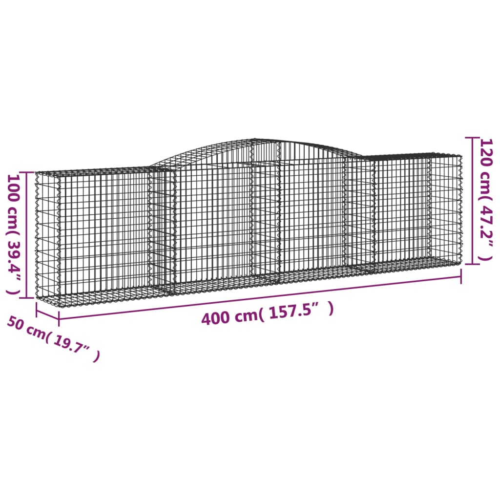 vidaXL Gabionen mit Hochbogen 3 Stk. 400x50x100/120cm Verzinktes Eisen