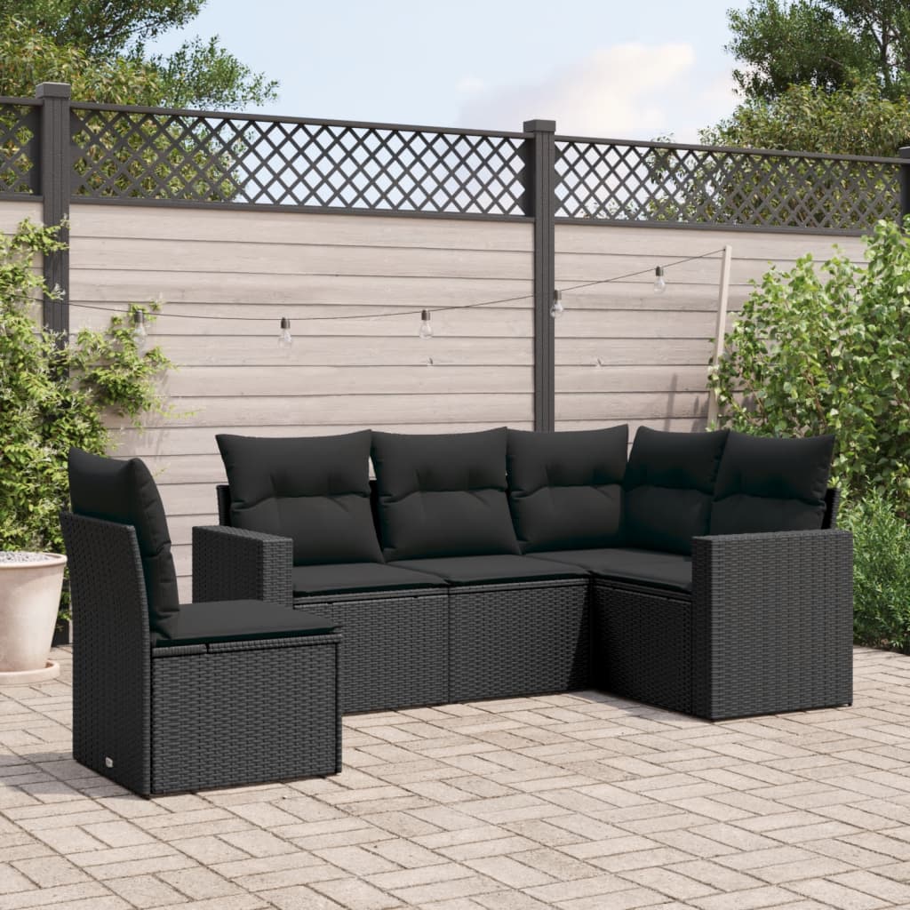 vidaXL 5-tlg. Garten-Sofagarnitur mit Kissen Schwarz Poly Rattan