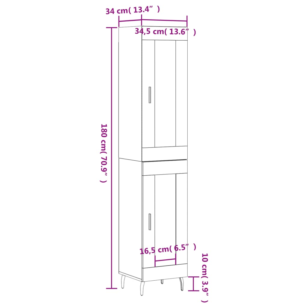 vidaXL Highboard Braun Eichen-Optik 34,5x34x180 cm Holzwerkstoff