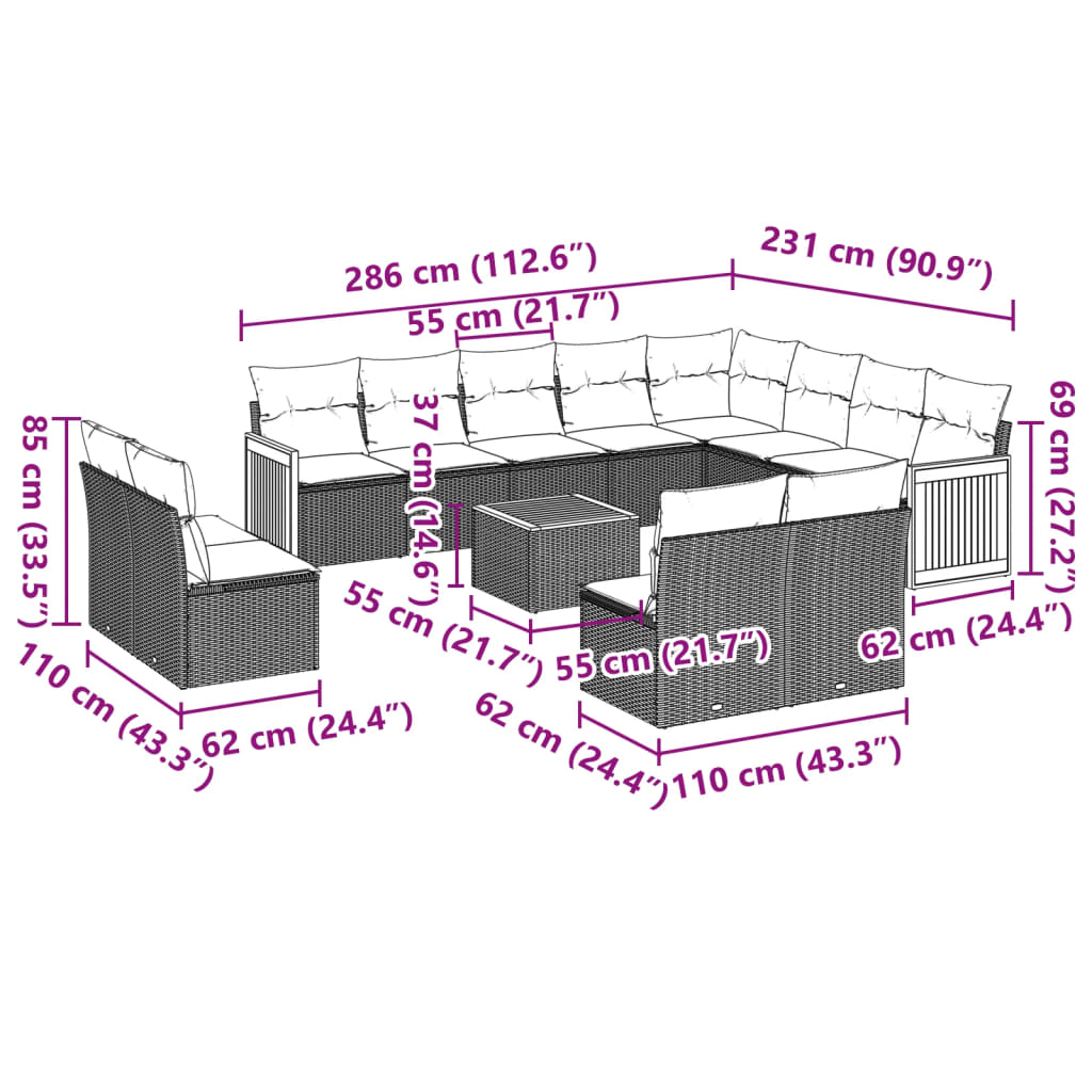 vidaXL 13-tlg. Garten-Sofagarnitur mit Kissen Beige Poly Rattan