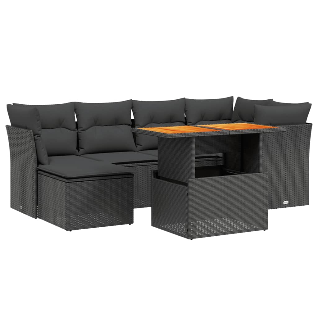 vidaXL 7-tlg. Garten-Sofagarnitur mit Kissen Schwarz Poly Rattan