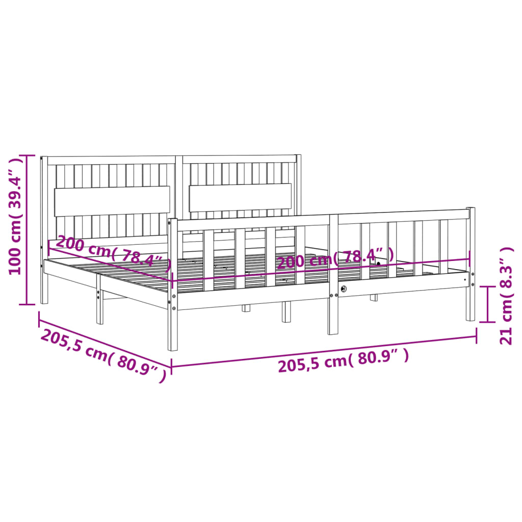 vidaXL Massivholzbett mit Kopfteil Grau 200x200 cm