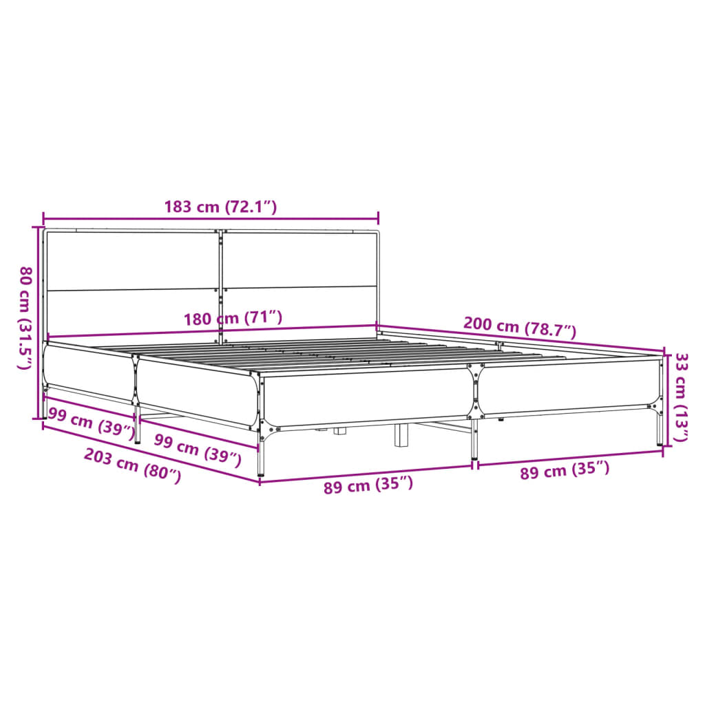 vidaXL Bettgestell Grau Sonoma 180x200 cm Holzwerkstoff und Metall