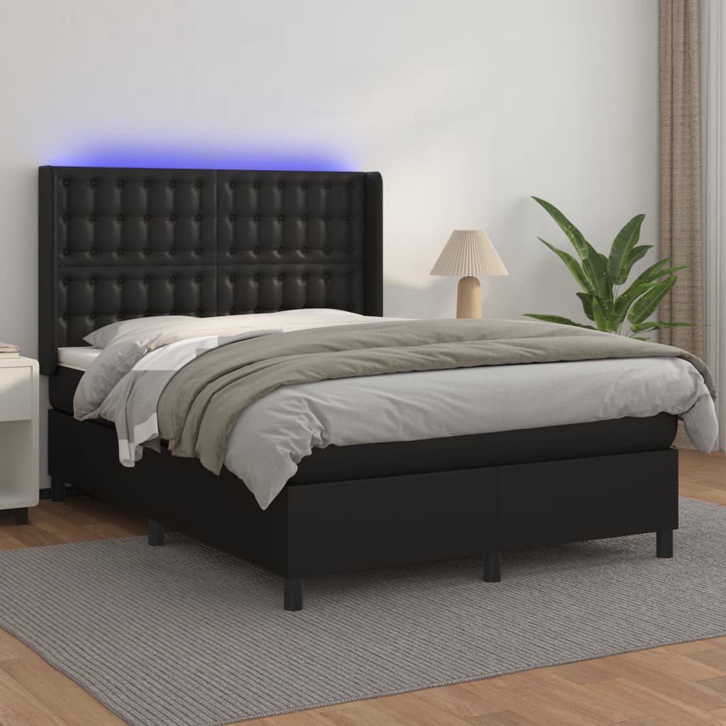 vidaXL Boxspringbett mit Matratze & LED Schwarz 140x200 cm Kunstleder