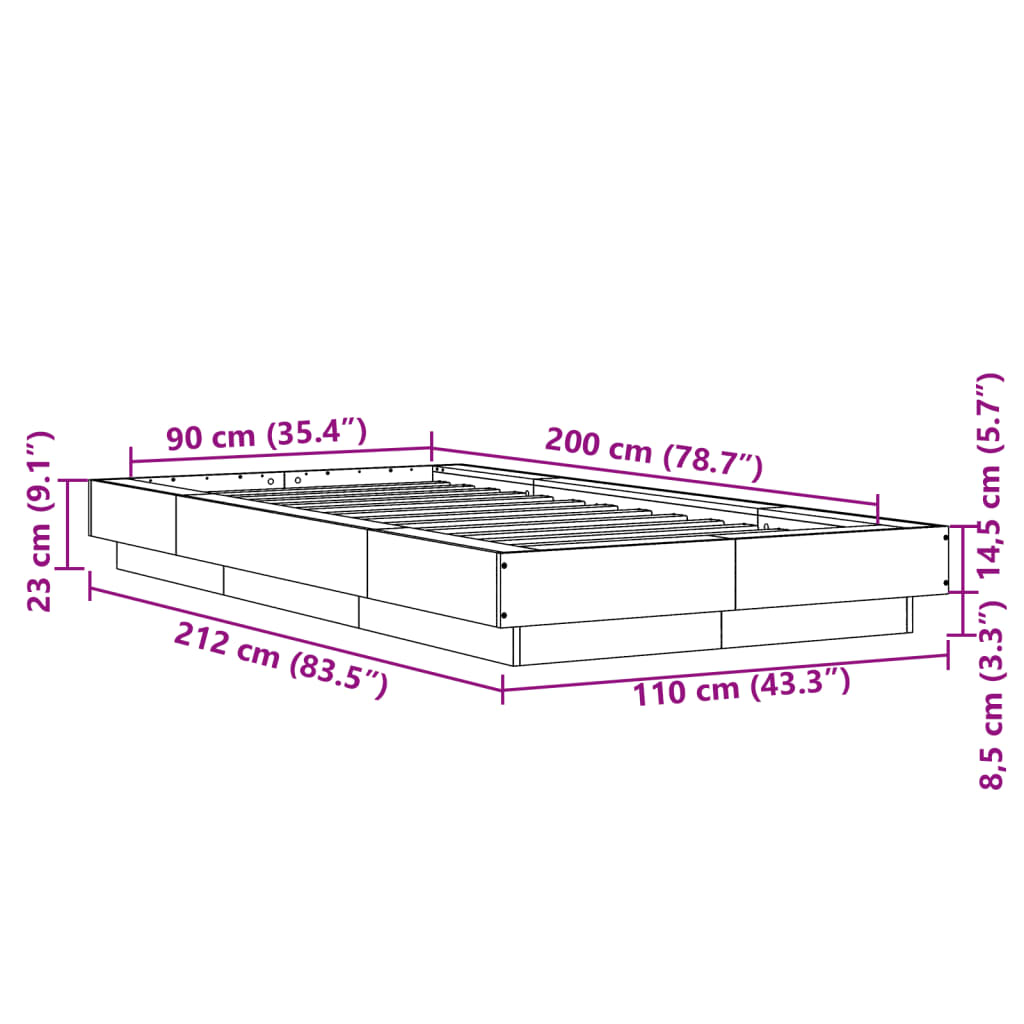 vidaXL Bettgestell mit LED Grau Sonoma 90x200 cm Holzwerkstoff