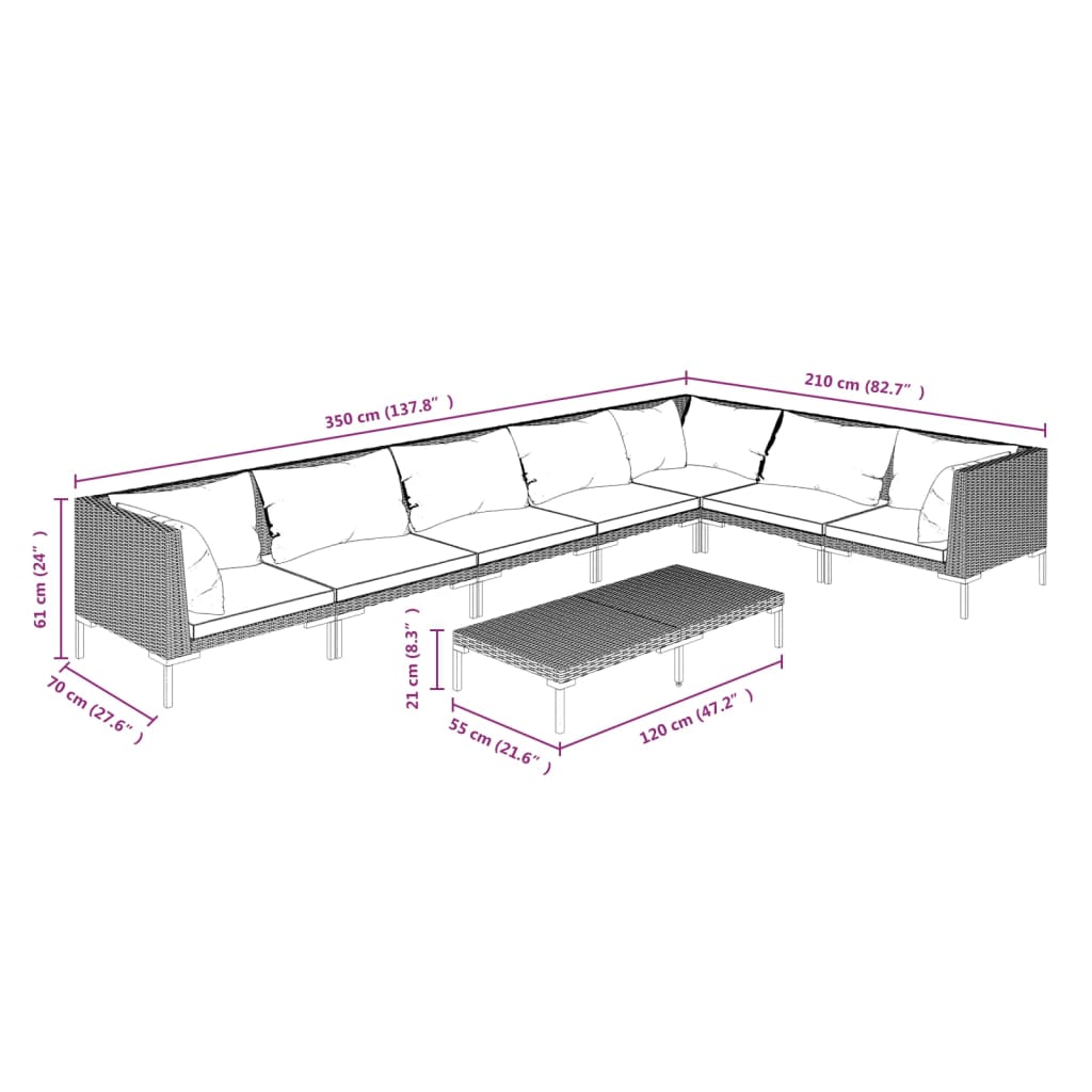 vidaXL 8-tlg. Garten-Lounge-Set mit Kissen Poly Rattan Dunkelgrau