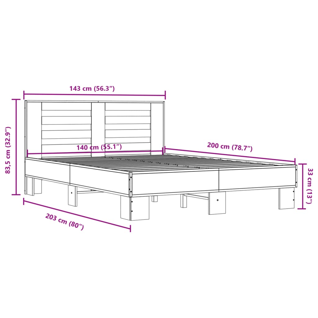 vidaXL Bettgestell Räuchereiche 140x200 cm Holzwerkstoff und Metall